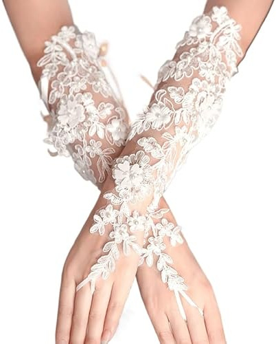 YKAFADE Damen Hochzeit Brauthandschuhe Fingerlose Spitze Handschuhe mit Blumen Perle Abendhandschuhe Weiße Spitzenhandschuhe Klassische Oper Party Handschuhe 1920er Jahre Zubehör Kostüm Accessoires
