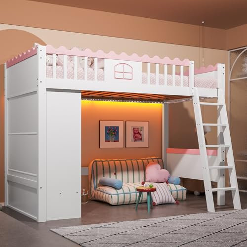 Azkoeesy Letto a soppalco 90x200cm per bambini e ragazzi, con ampio armadio e cassetto, illuminazione a LED, scale inclinate, ringhiera rosa e griglia, fino a 90 kg, bianco