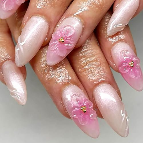 Shimmerz 24 Pieces Flower Stickers Pink and Yellow Flowers 3D Adhesive Medium Almond Shine Art Pink False Nails Cute Flower Design for Women