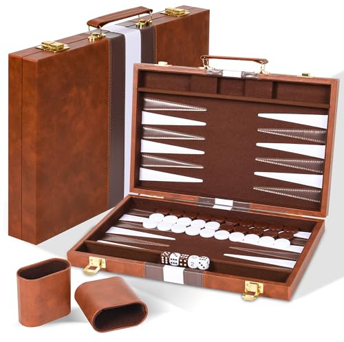 Cbilzxer Backgammon Koffer, 15 Zoll Backgammon-Set aus Kunstleder mit Filzauskleidung, Faltbares Reise-Spiel für Erwachsene & Familie, Komplett-Set inkl. Steine, Würfel & Becher (15 Zoll)