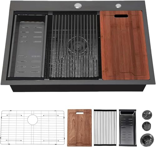 VLSYJSJ3322BCWL Küchenspüle, 83,8 x 55,9 cm, Topmount Ledge Workstation, Küchenspüle, 16 Gauge, handgefertigt, Edelstahl, Einzelbecken-Spüle mit allem Zubehör für Küche, Wäsche, Utility, Schwarz