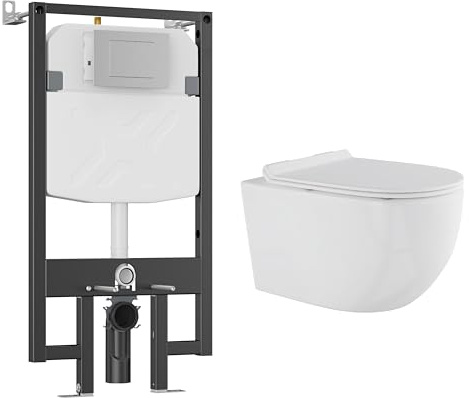 Eridanus Wall Hung Toilet with Tank, 2x4 In-Wall Toilet Tank Carrier, Wall Mounted Toilet Combo Set, Dual-Flush Plate Included, Floating Bowl With Soft-Close Seat, Glossy White, 2 Separate Packages