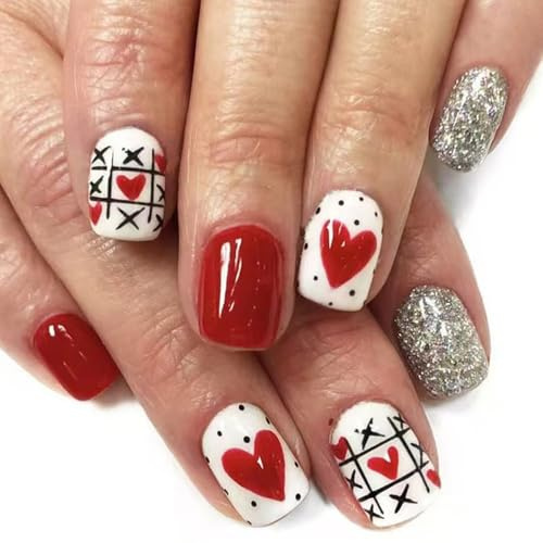 Viugex 24Pcs French False Nails Short Square, Red White Glossy Press on Nails with Heart Design, Glitter Natural Fake Nail, Valentine's Day Acrylic Full Cover Artificial Stick on Nails for Women Girls