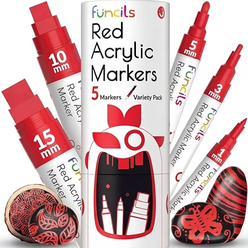 Funcils 5 Red Paint Pens - Permanent Marker for Rock Painting, Wood, Tire | Fine & Jumbo Size Acrylic Ink Pens (1mm, 3mm, 6mm, 10mm, 15mm), Red Marker for Fabric, Metal, Canvas, Glass, Plastic, Ceramic