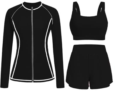 3 Pieces Womens Swimming Costume Zip Front Wetsuit Modest Swimsuits Long Sleeve Rash Guard UV Protection Surfing Swimwear with Tankini Bottoms