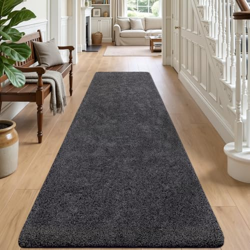 DEXI Flur Teppich Läufer 80 x 300 cm, rutschfest, Schwarz-grau | Maschinenwaschbar, Saugstark, Schmutzfangmatte, Für Flur, Küche & Haustür
