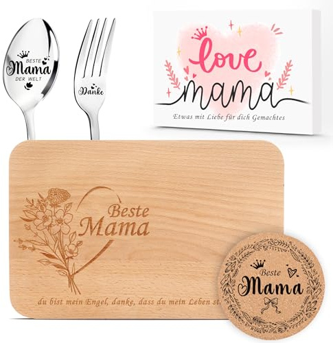 Geschenke für Mama Geschenkset - Frühstücksbrettchen Holz, Muttertagsgeschenk mit Kaffeelöffel, Besteck und Untersetzer, Einzigartige Geschenkidee für Mama, Muttertag Geburtstags