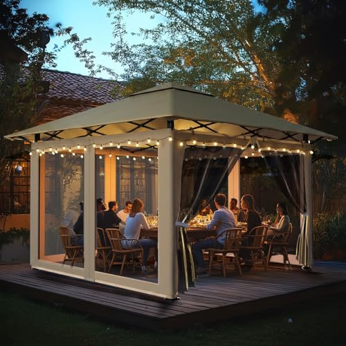 Soontrans Gartenpavillon 3x3m, Geschützter Sommerraum im Garten, Faltpavillon mit 4 Moskitoseitenwänden & Tragetasche, UV-Schutz, 3-Stufen Höhenverstellbar, aus Metall & 210D Oxford-Gewebe (Khaki)