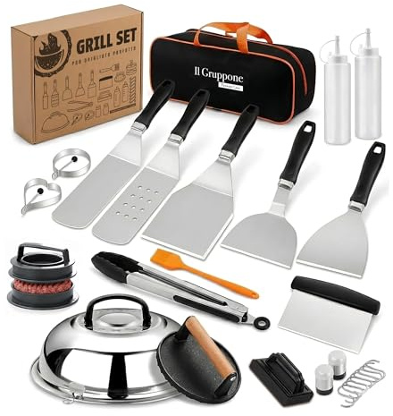 IlGruppone Set Accessori Barbecue Professionale 27 Pezzi Kit Completo BBQ Smash Burger, Pressa Hamburger, Spatole, Pinze, Cloche e Dispenser Salse – Utensili in Acciaio Inox con Borsa Trasporto