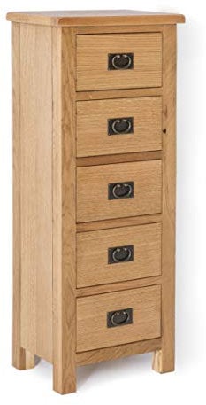 Surrey Oak Tallboy Chest of Drawers Bedroom Cabinet | Roseland Furniture Traditional Rustic Waxed 5 Drawer Solid Wood Tall Bathroom Storage Unit |Free Standing Fully Assembled