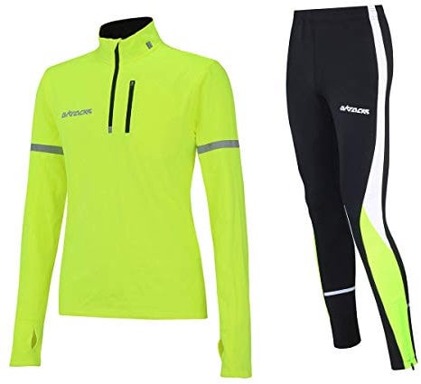 Airtracks Herren Winter Laufset Thermo Laufhose Lang Laufshirt Langarm Sweatshirt Pro Fleece Funktionsshirt Sport Langarmshirt Jogginghose Leggins - neon - L