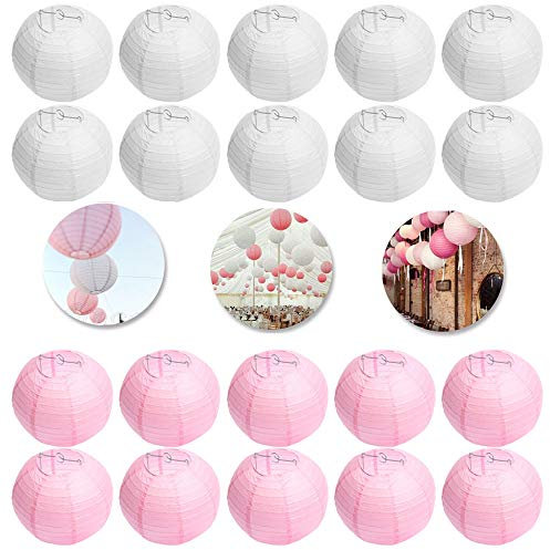 FullBerg 10er weiße + 10er Rosa Papier Laterne Lampion Rund Lampenschirm Ballform für Hochtzeit Kirche Garten Party Dekoration (25cm 10)