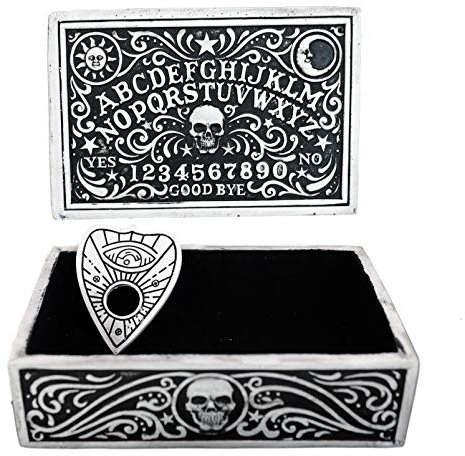 Ebros illustriertes Ouija-Geistbrett mit Totenkopf, Wahrsager, Trance, dekorative Schmuckschatulle mit Planchette, handbemalt, Fantasie, übernatürliche Hexerei, dunkle Kunst, Spielspaß, Geschenk