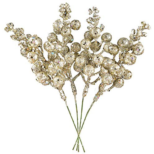 DearHouse 14 Stück Weihnachts-Glitzer-Beeren-Stiele, 19 cm, Champagnerfarben, künstliche Weihnachtsstäbchen für Weihnachtsbaumschmuck, DIY-Weihnachtskranz, Handwerk, Urlaub und Heimdekoration