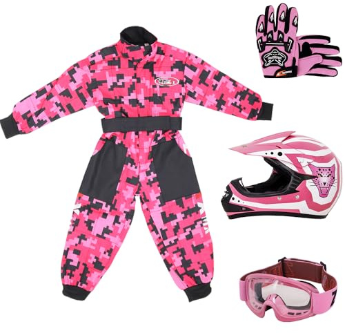 Zorax ZOR-X17 Youth Motocross Helmet & Gloves & Goggles & Camo Suit | Helmet Pink S (49-50cm) - Gloves S(5cm) - Suit S(5-6 Years) Children Dirt Bike Off Road Motorbike Helmet ECE 2206