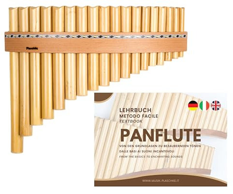 Plaschke Panflöte, Holzriemen Design, handgemacht mit Lehrbuch, 18 Rohre G-Dur