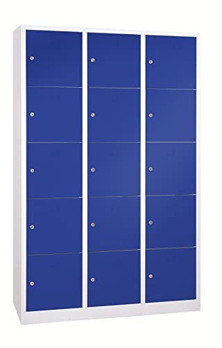 Schrank & Stuhl Schließfachschrank | Fächerschrank mit 15 Abteilen und Zylinderschlössern, 190 x 119 x 45 cm, Lieferung komplett montiert, Grau/Blau