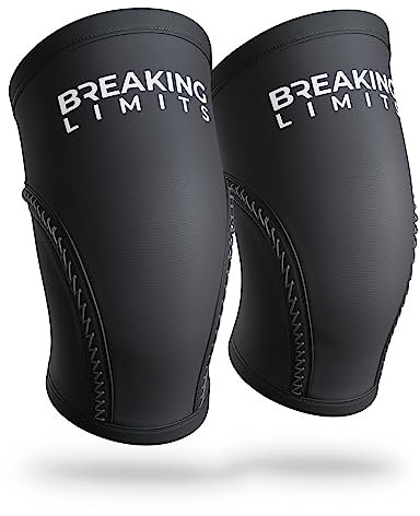 BREAKING LIMITS Kniebandagen - Kniestütze, Kniebandage für Kraftsport, Gym - Atmungsaktive Kompressionsbandage gegen Knieschmerzen/Gelenkschmerzen, aus 7 mm Neopren - 6 Größen, Schwarz/Weiß (L)