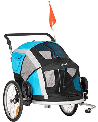 PawHut Carrello Trasporto Cani sotto i 30kg, Rimorchio Bici per Cani con Porta Anteriore e Posteriore, Finestre a Rete e Tetto Apribile, 150x82x98-108cm