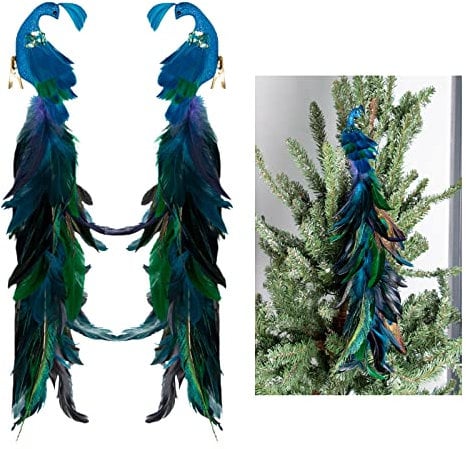 Ercheng 2 Pcs Peacock Christmas Ornaments, 18.9 Inch Glittered Bird Clip-On Artificial Peacock Natural 3D Peacock Feather Decorations for Christmas Tree