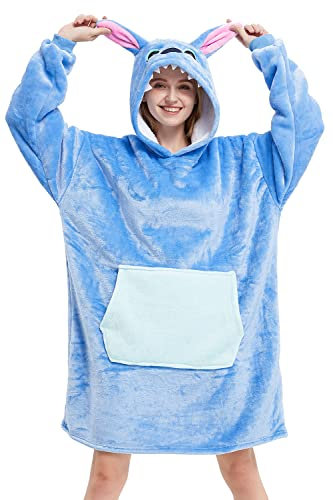 Luojida Felpa Donna con Cappuccio Animale Oversize Panda Plaid Super Morbida e Calda con Tasca Frontale Coperta con Maniche Famiglia Pigiama Pile Invernale Aldult Taglia Unica (L, Blu)