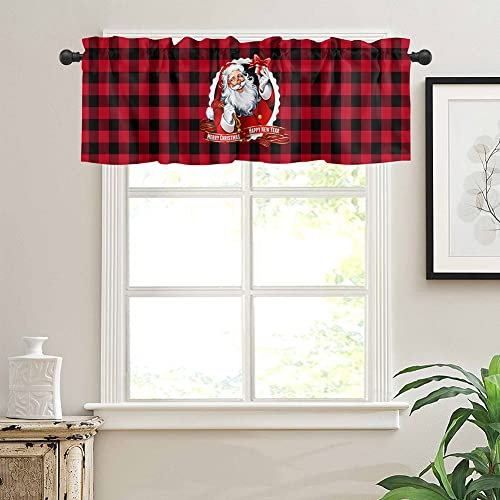 Michorinee Weihnachten Scheibengardine Deko Gardinen Weihnachtsgardine Rot Vorhang Der Weihnachtsmann Kariert Muster Blickdicht Küchengardine Kurze Bistrogardinen für Fenster B 137 × H 45 cm