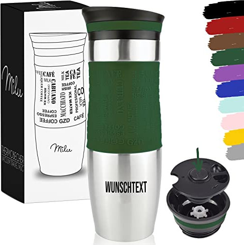 Milu Thermobecher 450ml mit Gravur - als Geschenk-Idee Ostern, Vatertag, Muttertag, Weihnachten, Einschulung, Liebesgeschenk, Geburtstag, Frauen und Männer Mama Papa Kinder (Olivgrün + Gravur)