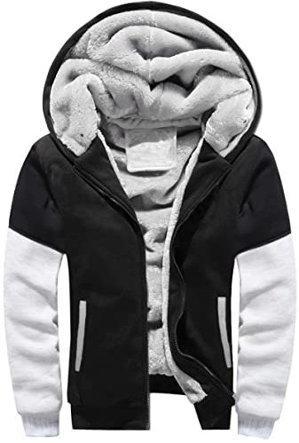 VSUSN Felpa Uomo con Cappuccio Invernale, Felpe Pile con Cappuccio di Spessore, Hoodie con Cerniera Integrale(Nero&Bianco,3XL)