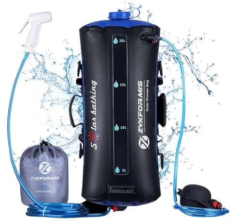 Douches solaires Camping Propulsé Solaire 20L TPU Portable Sac avec Tuyau Amovible Long et Pression Pompe Buse de Affichage de la Thermomètre Pliable Léger Randonnée en Plein Air Escalade Sac de Bain