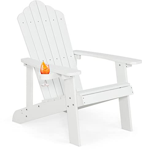 KOMFOTTEU Adirondack Stuhl mit Getränkehalter, Gartenstuhl mit Rücklehne & Armlehnen, Gartensessel wetterfest & ergonomisch, Relaxstuhl bis 170 kg für Balkon, Garten, Strand (Weiß)