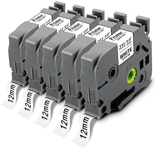 Pristar 5x Kompatibel mit Brother TZe-231 TZe231 Tze 12mm 0.47 laminierte Schriftband Schwarz auf Weiß für Brother PT-H105 PT-H107B PT-H100R PT-E100 PT-1000 PT-1080 PT-D600VP PT-H110 PT-H101 D210 D400