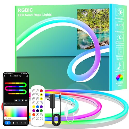 AXMOTUT Neon LED Light Strip 3M, DC24V Waterproof with Remote and Adapter, Silicone RGBIC LED Neon Rope Light, Smart App Control, Music Sync for Gaming, Bedroom Living Room Decor