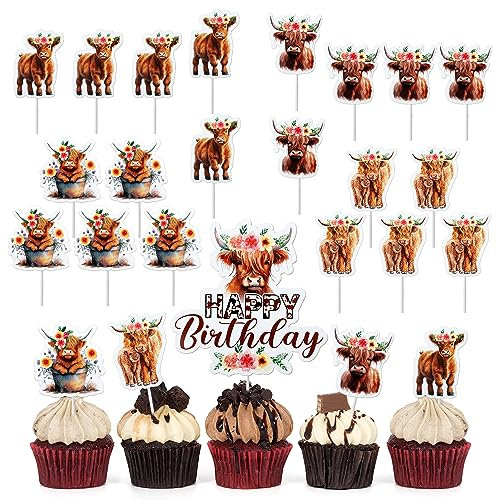 25 Stück Highland Cow Cake Topper, Highland Cow Geburtstagsdekorationen tortenaufsatz für Bauernhof Tier Zoo Jungen Mädchen Babyparty Happy Birthday kuchendekorationen Dekorationen