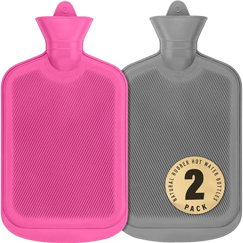 SteadMax Wärmflasche 2L (68oz), Natürlicher Kautschuk, BPA-frei, Heizkissen, Bettwärmer, Große Tragbare Wärmeflasche für Rücken, Nacken, Menstruationsbeschwerden (1 Stück, Rosa&Grau)