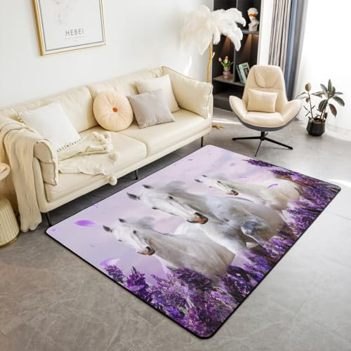 Weißes Pferd 100Bx150L Bereich Teppich Teens Galoppieren Pferd Teppich Lila Floral Blossom Innenbereich Bodenmatte Bauernhaus Tier Dekorative Akzent Teppich für Spielzimmer Nicht Verschütten,Waschbar