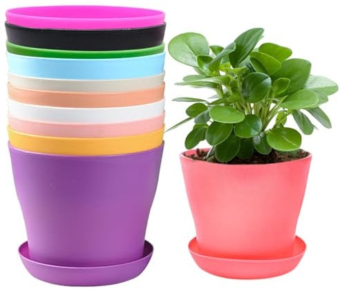 10PCS Vasi Plastica Colorati Con Sottovasi, Fioriera per Vivaio di Piantina, Decorazione Domestica e Ufficio