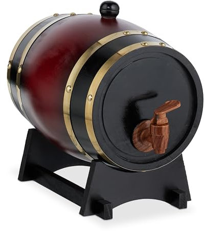 Relaxdays 2 Botte da 2,2 Litri per Liquori, Mini Barile in Legno, Rubinetto e Supporto, per Whisky, Vino, Rosso Nero