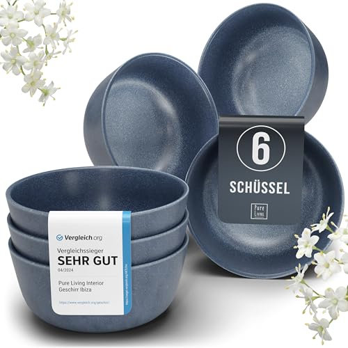 Steingut Müslischalen 6 Pers. Hochwertiges Urban Style TEST SEHR GUT Müsli Schüssel Set, spülmaschinen-, mikrowellen- und Kratzfest- Kleine Schüssel, Müslischale- Pure Living in matt Blau