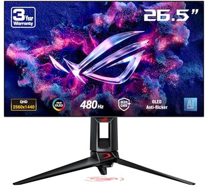 ASUS ROG Swift PG27AQDP Monitor 27, Quad HD WOLED (2560x1440), HDMI e DisplayPort, 0,03 ms (GTG), 480 Hz, Compatibile con G-SYNC, OLED Care+, Nero