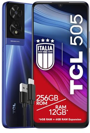 TCL 505 Smartphone 4G Pantalla 6.75 HD Plus 90Hz, 256 GB, 12 GB RAM, Cámara Híbrida 50Mp, Android 14, Batería 5010mAh, Dual Sim, Azul Océano, Cable USB Tipo-C Adicional