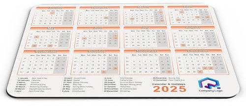 Personalised Calendar & Holidays 2025 Computer PC Mousemat (Orange)