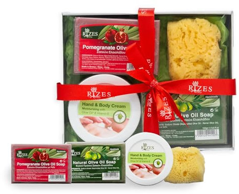 Rizes Crete Beauty Geschenkset Kreta: Body Lotion & Duschgel mit Aloe Vera & Olivenöl + Handtuch & Schwamm – natürliche Pflege für Haut und Sinne