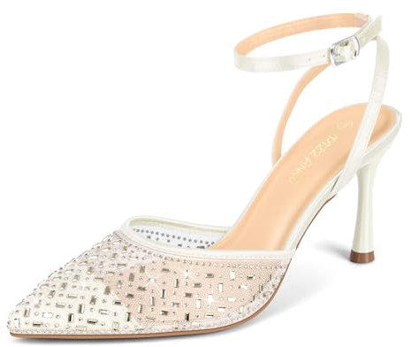PIZZ ANNU High Heels for Women Diamante Stiletto Heel Sexy Ladies Sandals Pointed Toe Ankle Strap Wedding Shoes for Bride Prom Party White Size 5