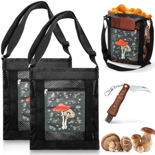 Pumtus 3 Pcs Mushroom Foraging Set, Foraging Kit with 2 Mesh Bags & 1 Foldable Knife, Collapsible Harvesting Pouch with Adjustable Shoulder Strap, Reusable Picking Basket for Mushroom Decor Lover