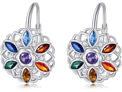 DAYLINLOVE Klapphebel Hoop Ohrringe 925 Sterling Silber Lotusblüten Chakra/Baum des Lebens Sobriety AA Türkis Hängend Ohrringe Blumen Keltischer Schmuck Geschenke für Damen Mädchen