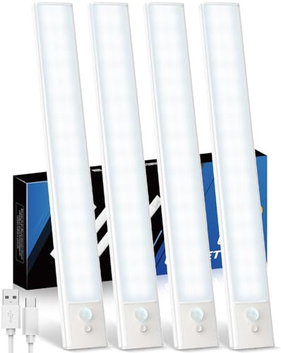 KALAHOL 4 Pack Under Cabinet Kitchen Lights, Motion Sensor Lights Indoor, Type-C, Charging Indicator, for Wardrobe, Under Counter, Cupboard, Stairs, Kitchen (30CM, Cold White)