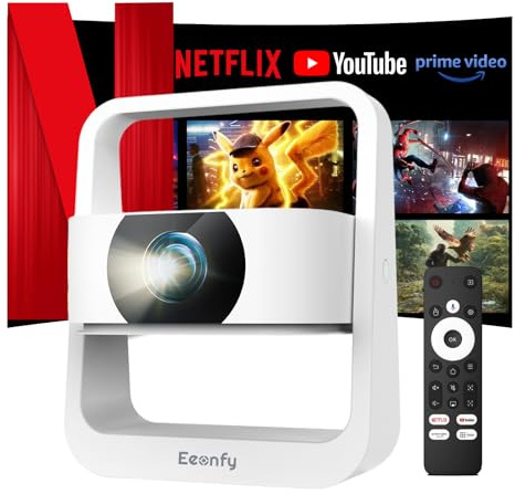 Eeenfy Beamer Portable Heimkino, Smart Projektor Android13.0 mit 1080P Support, E-Focus/Trapezkorrektur, 350ANSI, Projektor WiFi6 Bluetooth, Outdoor Beamer TV Portable für Handy/Laptop, Weiß [2.0]