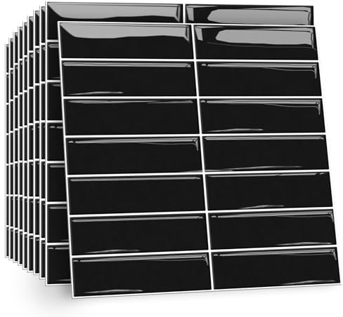 TOARTi 10 Sheets Black Self Adhesive Wall Tiles,12×12inch Stick On Wall Tiles Kitchen Splashbacks for Walls,Tile Stickers Peel and Stick Backsplash Splashback Decals Tile