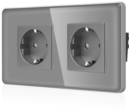 CNBINGO Glas Doppelsteckdose Unterputz - Zweifach Schuko Steckdose mit 2,5D Curved Glas Platte - 16 Amp Schutzkontakt Wandsteckdose mit Kindersicherung - 2 Fach Grau