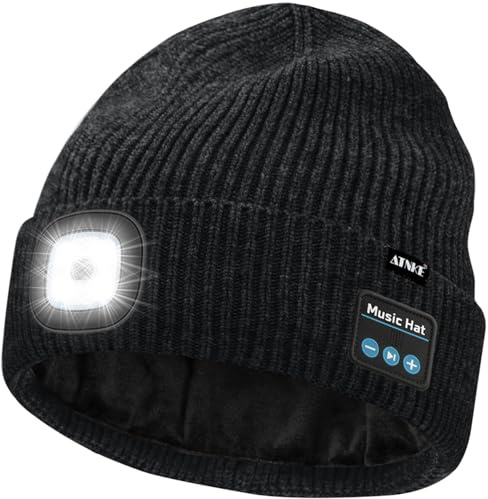 ATNKE LED Bluetooth Mütze mit Licht, USB Wiederaufladbare 4 LED Kabelloses Musik Redner Laufmütze Stirnlampe Winter Warm Strick Mütze mit Fleece Gefüttert Geschenke für Herren und Damen